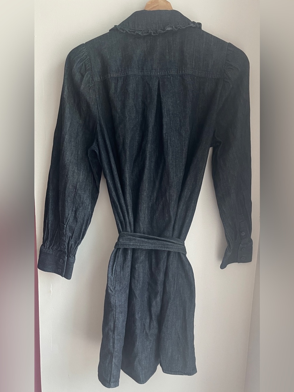 Kate Spade Dark Blue Wash Ruffle Denim Mini Shirtdress with Tie Waist - Picture 11 of 13